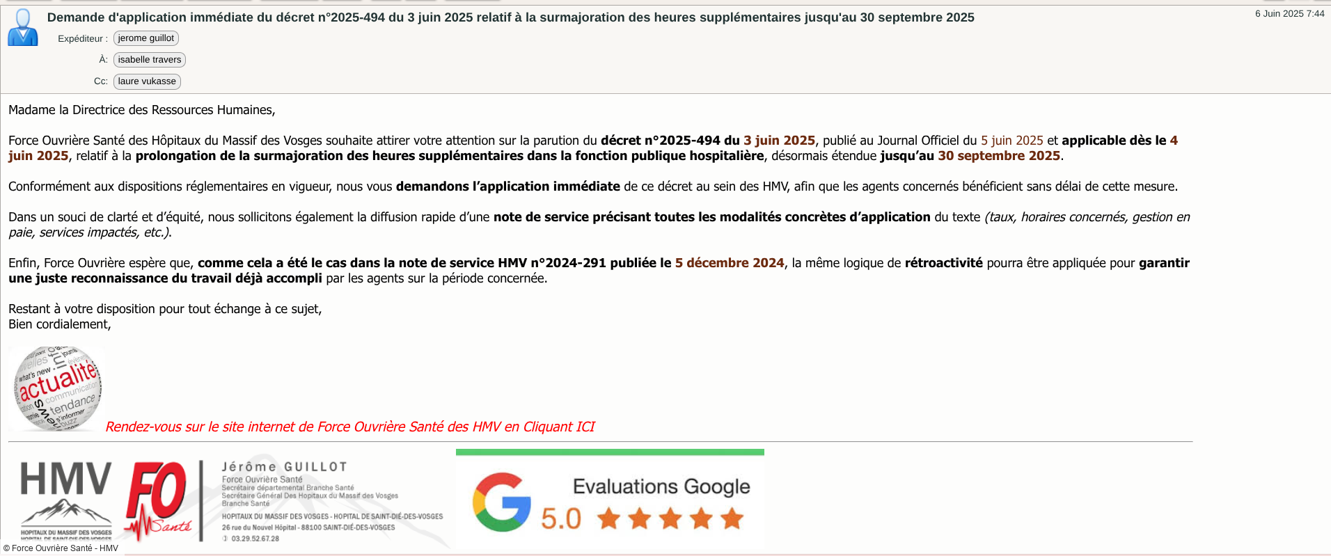 Mail "Surmajoration des heures supplémentaires"