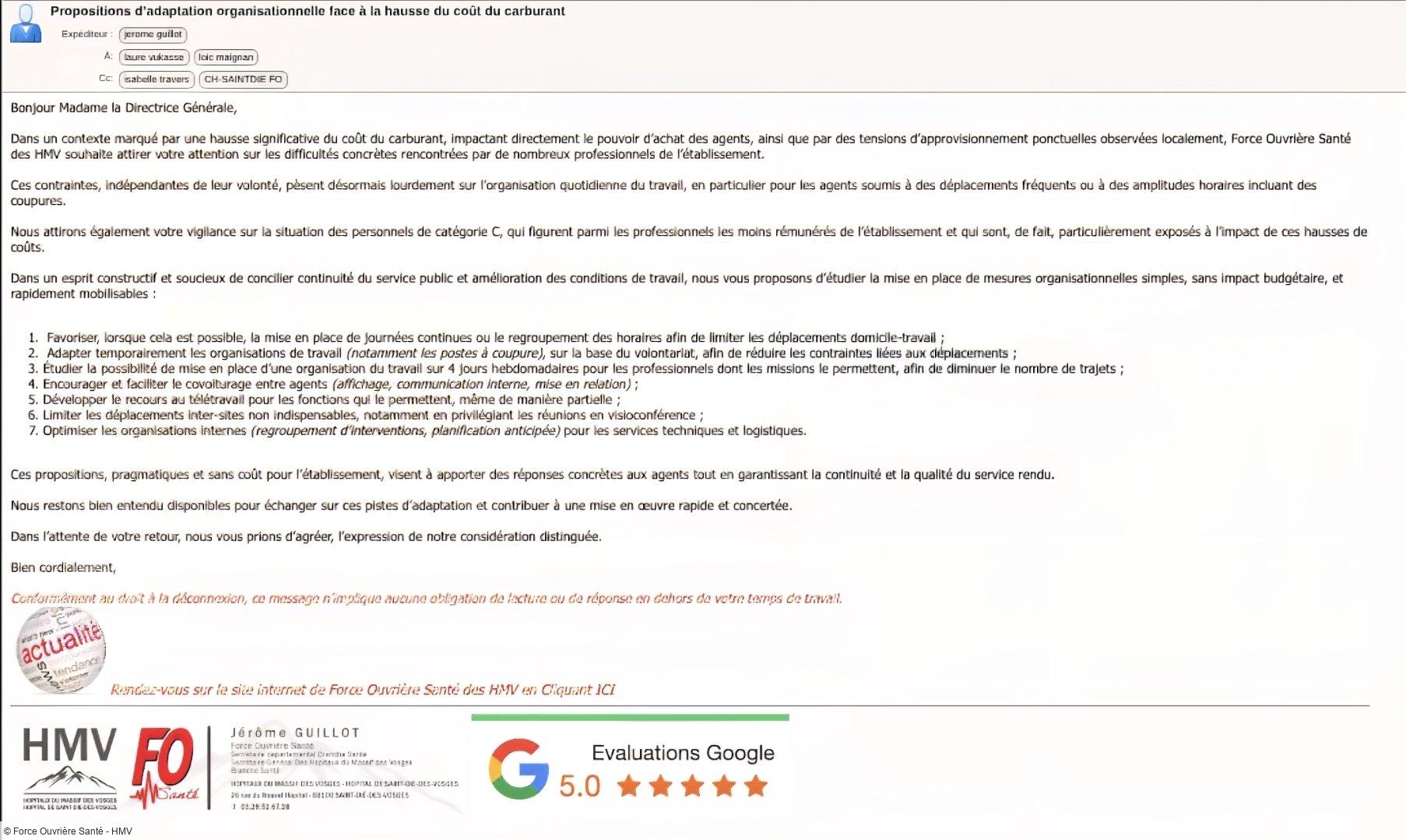 Mail à la Direction Générale - Propositions FO Hausse des carburants