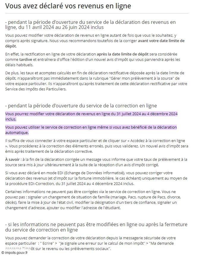 Modification de la déclaration de revenus en ligne