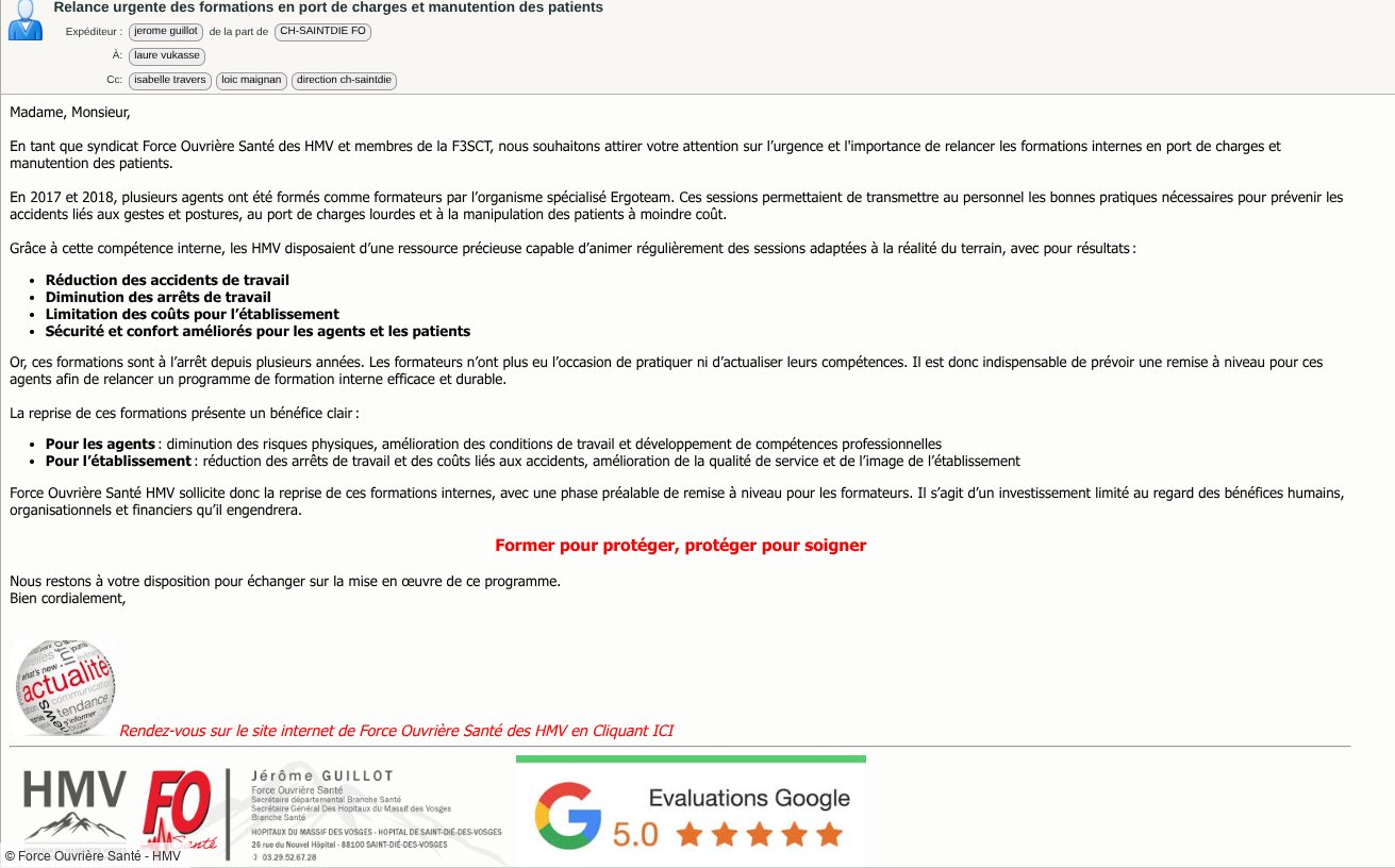 Relance urgente des formations en port de charges et manutention des patients