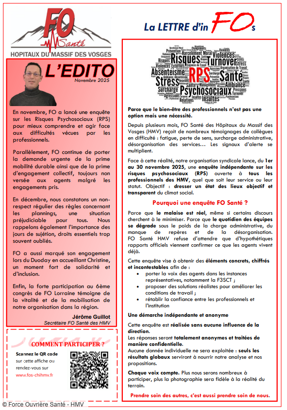 4ème lettre d'inFOrmations trimestrielle: le bien-être des professionnels une nécessité pour FO Santé