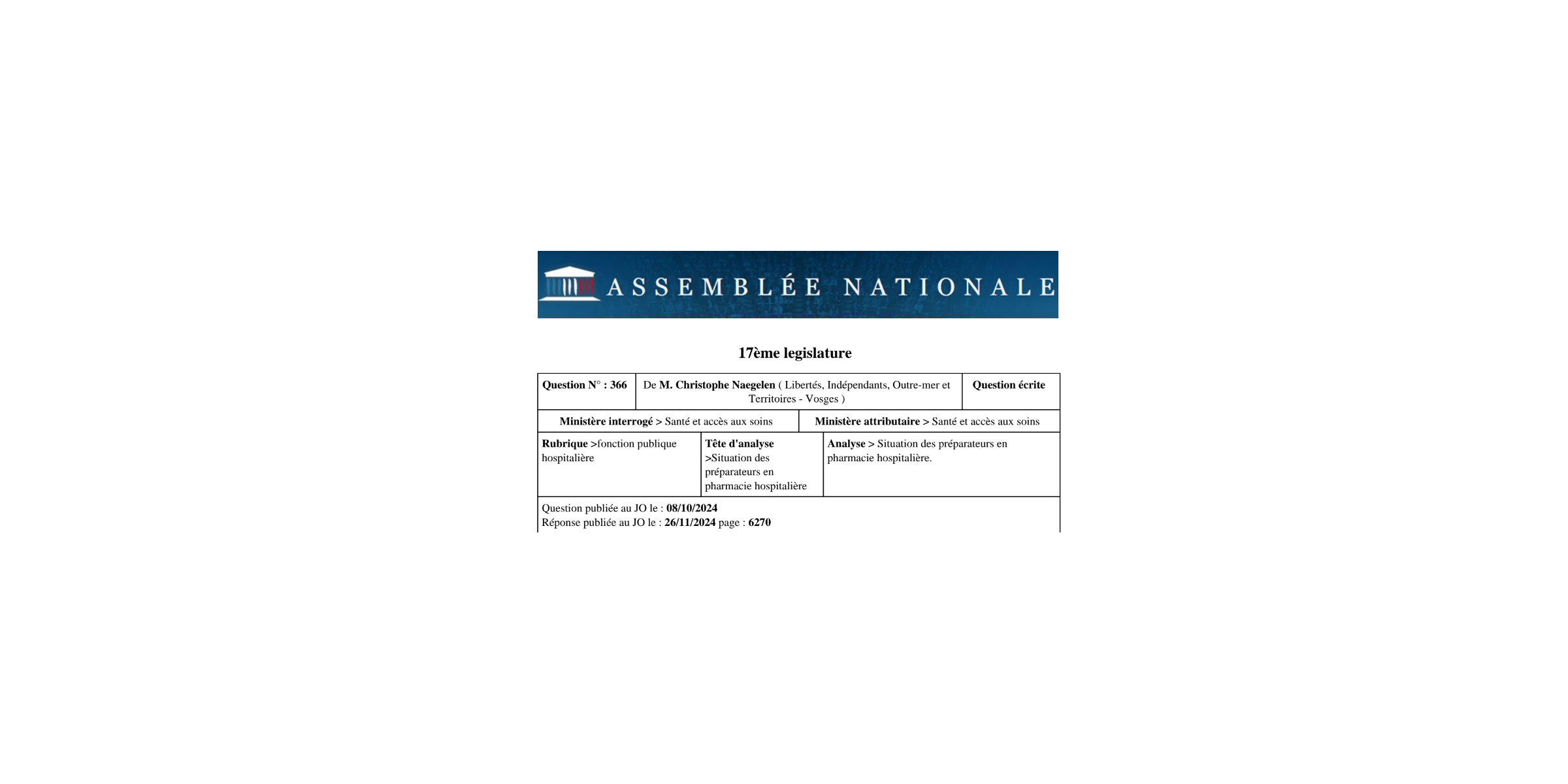 Réponse du gouvernement à la sollicitation du député Christophe Naegelen concernant les Préparateurs en Pharmacie Hospitalière